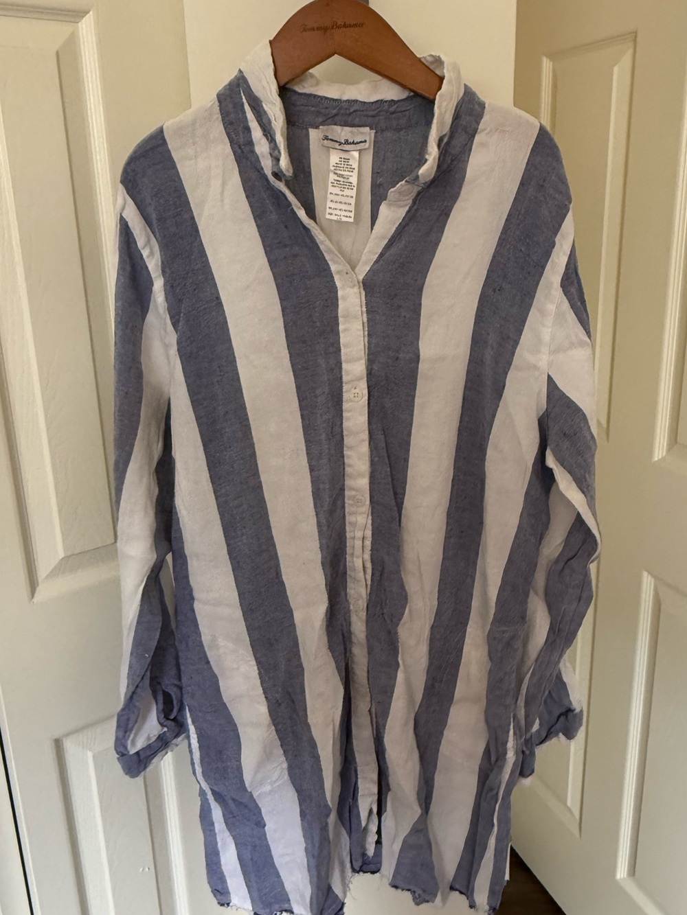 Tommy Bahama Navy Blue and White Striped Linen Swim Coverup